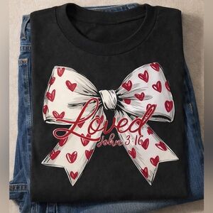 Black White Bow Loved Design John 3:16 Valentines All Year Tshirt Pick Size S-XL